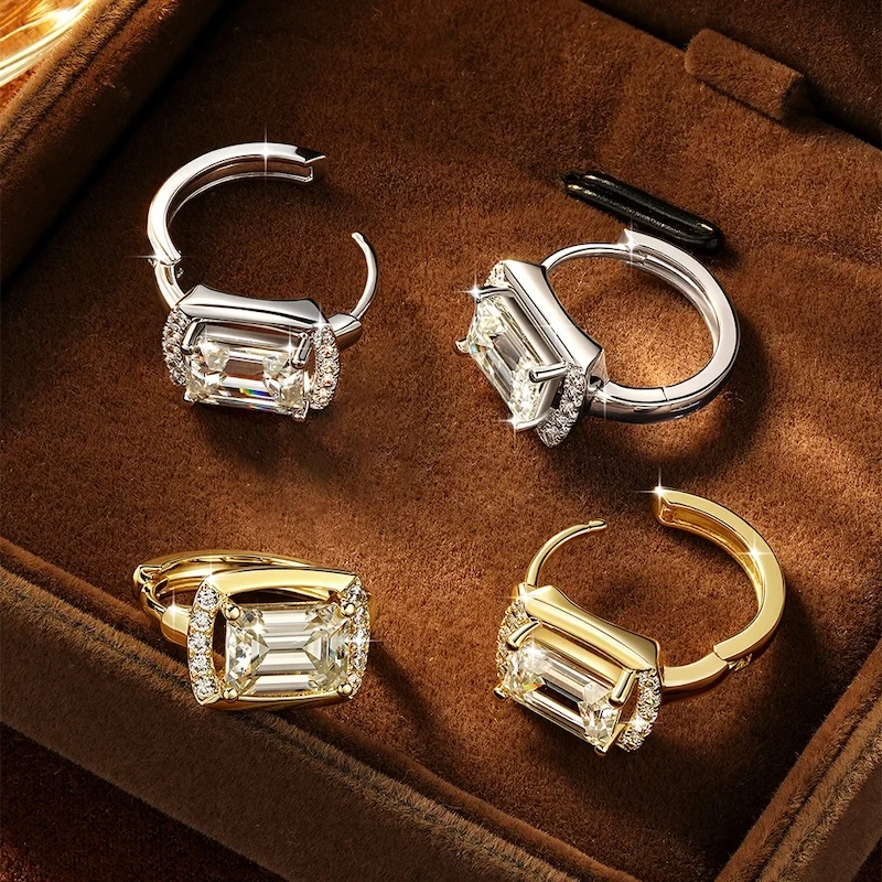 Rrjzz Huggie-Ohrringe mit Smaragdschliff, 5 x 7 mm, D-Farbe, Moissanit, für Damen, Laborimitation, Diamant-Creolen, Geburtstagsschmuck, Geschenke – Detail 11