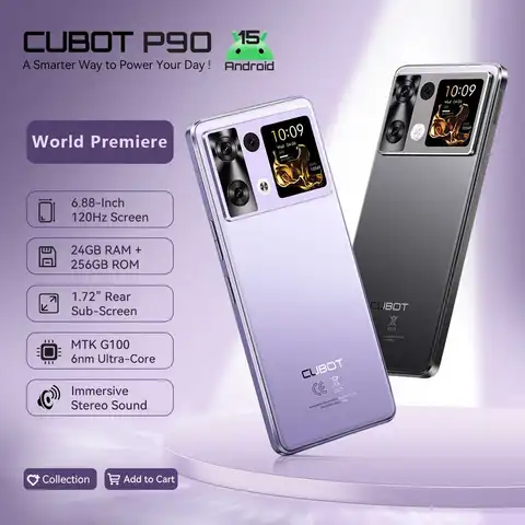 스마트폰 안드로이드 15 Cubot P90, 6.88인치 120Hz 화면, 24GB RAM(12+12GB 확장), 256GB ROM, G100 옥타코어 2.2GHz 프로세서, 64MP 카메라, 5100mAh 배터리, NFC, 듀얼 스피커, 4G 폰, smartphone android