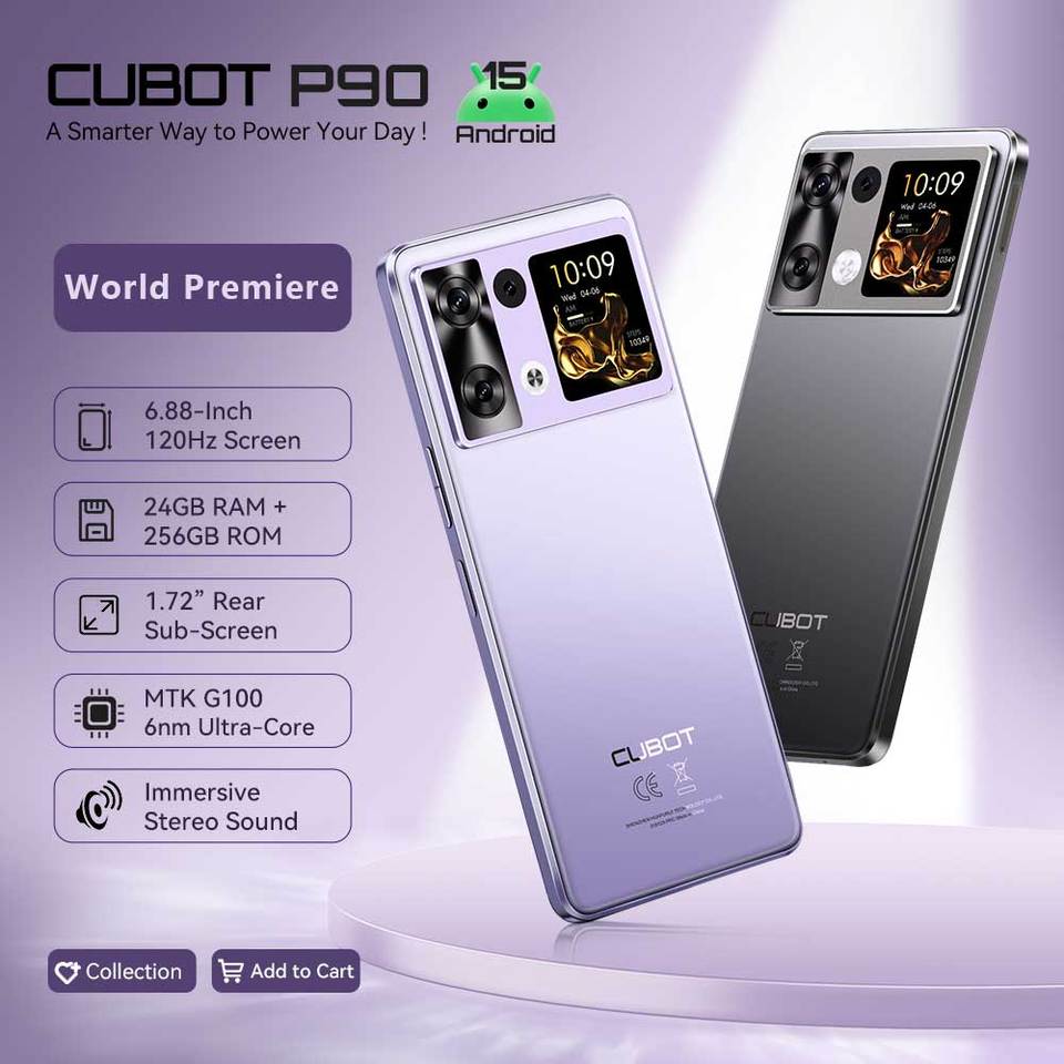  Smartphone Android 15 Cubot P90, 6.88-Inch 120Hz Screen, 24GB RAM+256GB ROM, G100 Octa-core, 2.2GHz, 64MP, 5100mAh,NFC, 4G Phone 