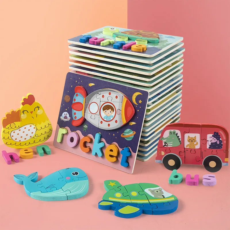 

Wooden children animal traffic creative three-dimensional puzzle building block puzzle early education word spelling learning wo
