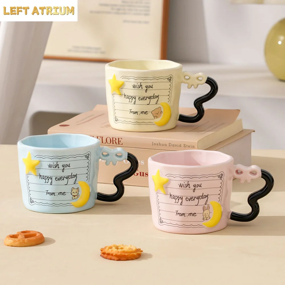 Cute 3D Star Moon Ceramic Coffee Mugs Home Office Daily Use Exquisite Creative Letter Print Porcelain Water Cups Bow Handle Mug