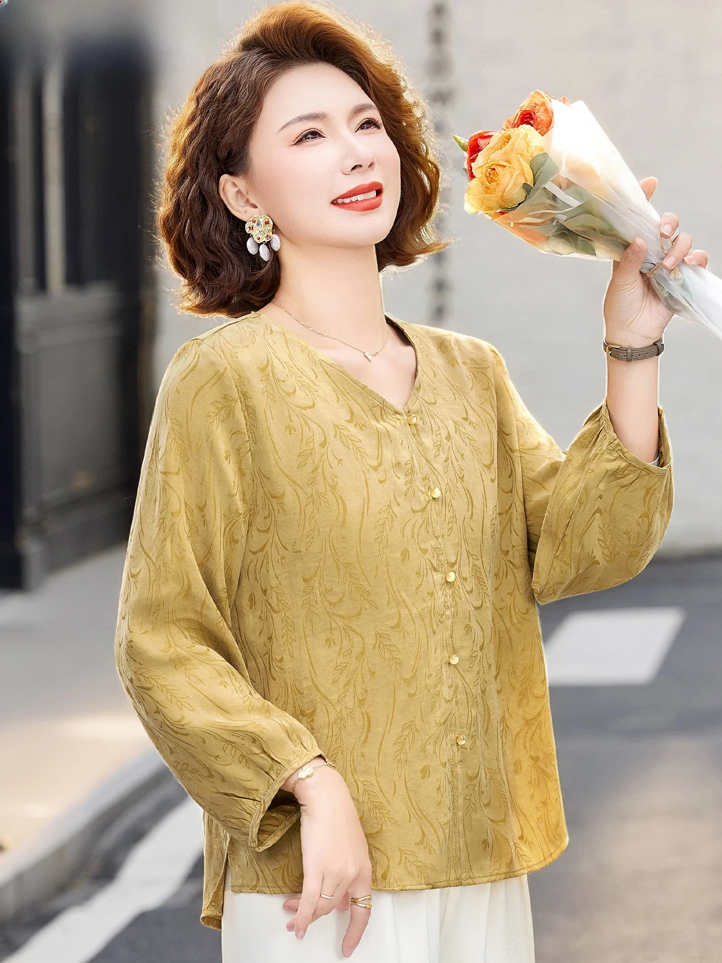 

Комплект Ele Mom Spring Fashion: рубашка с длинным рукавом и брюки для женщин среднего и старшего возраста, элегантная повседневная одежда