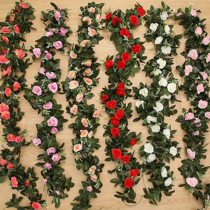 1 Stück Seidenrosen-Kunstblumengirlande Hängende Blumenranke Blättergirlande für Außenbereich Hochzeit Party Büro Braut Heim Tischdekoration – Detail 11