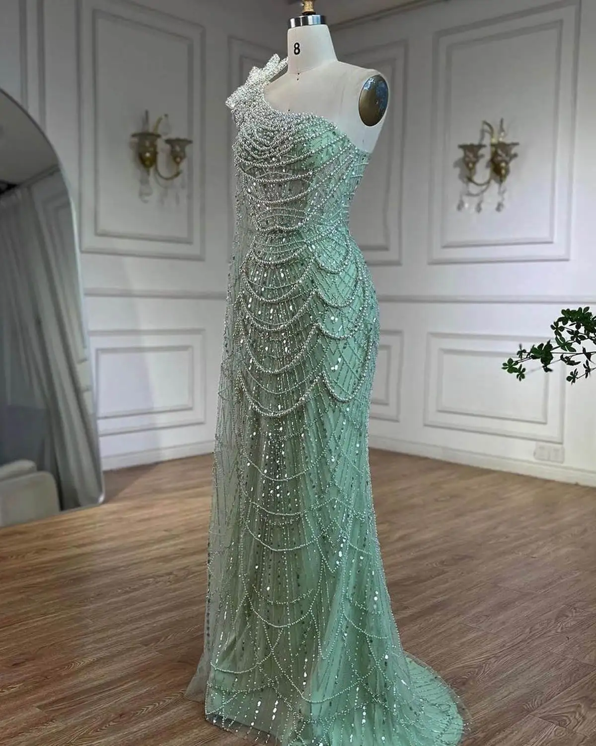 Exquisite Pearls Evening Gowns Sequins Beading Mermaid Prom Dresses Illusion One Shoulder Long Sleeve Slim Party Dress