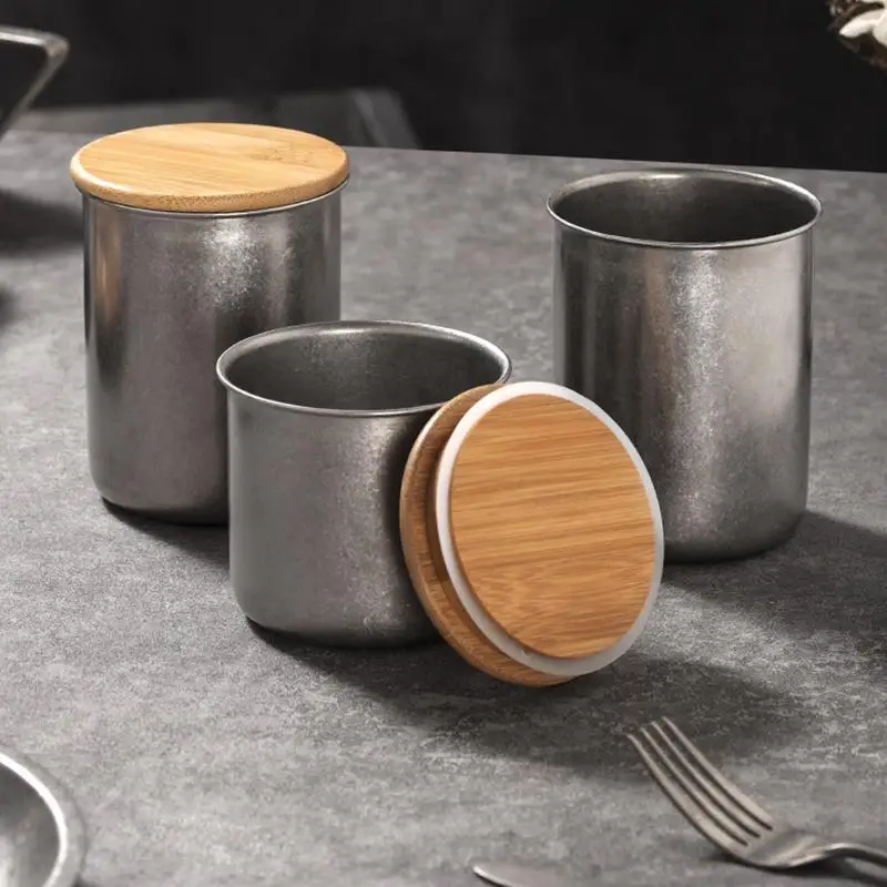 

1pcs Coffee Tea Can Retro Style Woodiness Lid Stainless Steel Coffee Bean Storage Jar Seal Making Old Storage Tanks Coffee Set