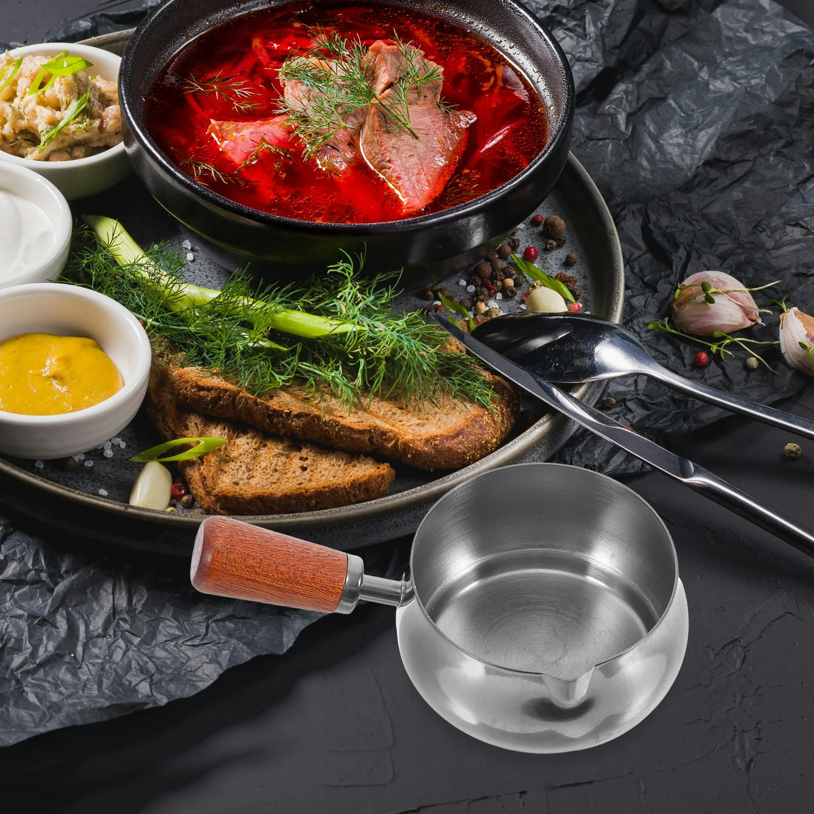 

120ml Stainless Steel Sauce Cup Wood Handle Condiment Bowl for Steak Salad Dressing Western Meal Seasoning Syrup Serving