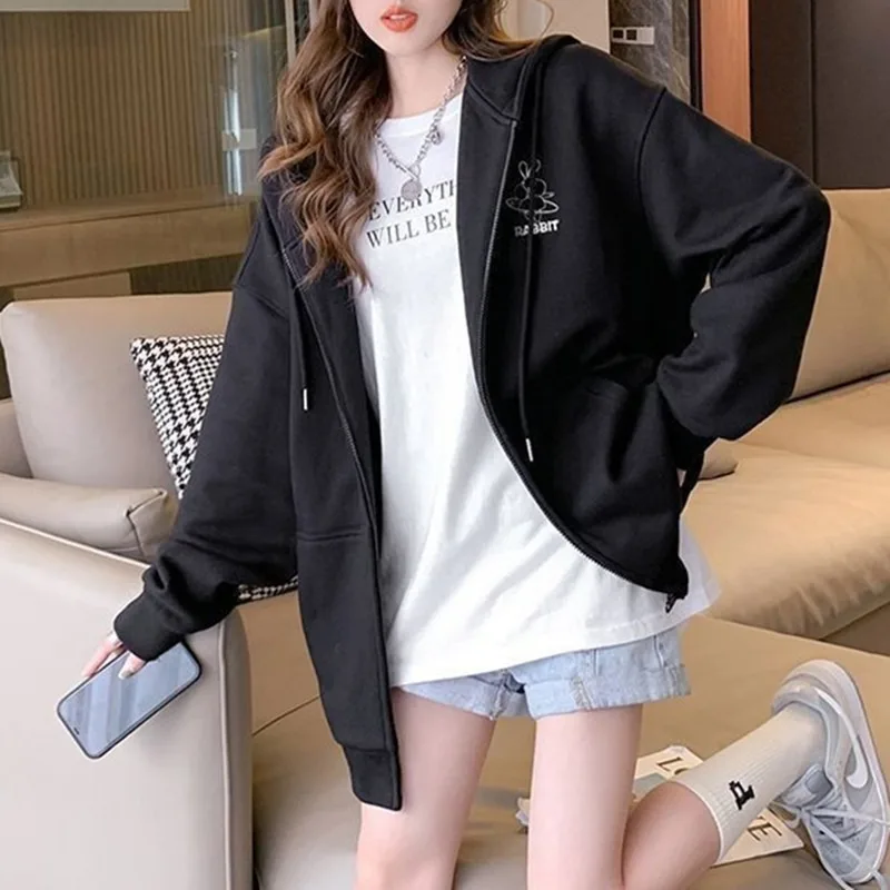 Hooded Zipper Cartoon Jacket Casual Outware Women Fashion Jacket Pockets Coat Loose Outware Long Sleeved Autumn Winter