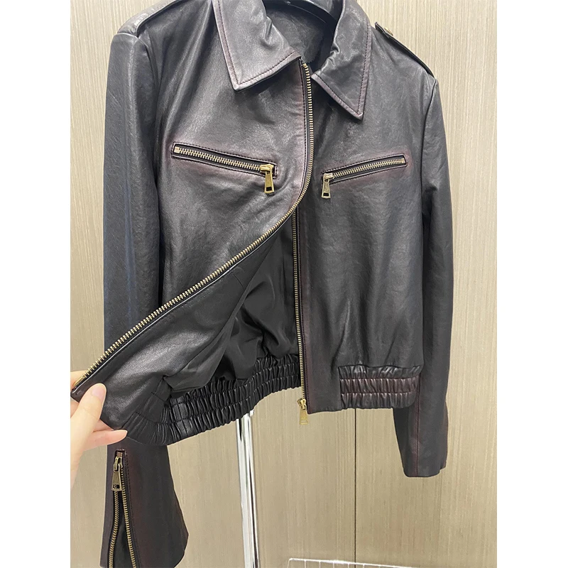 Veste en cuir véritable marron décontracté pour femmes, manteaux rétro en détresse, fermeture éclair, taille élastique, niveau A, vestes courtes en peau de mouton