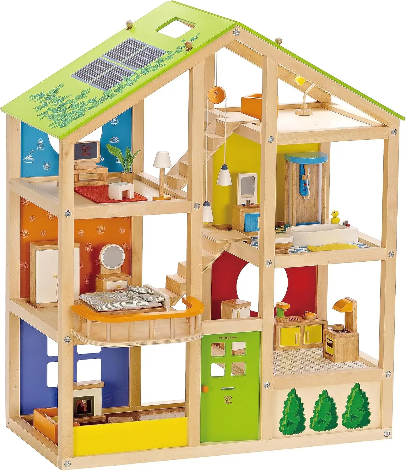 Kids Wooden Dollhouse by | Story Dolls House Toy w/ Furniture, Accessories, Movable Stairs & Reversible Season Theme USA