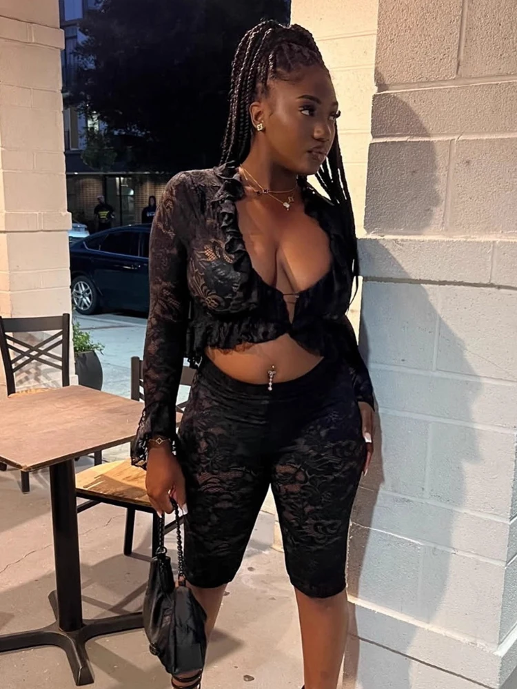 

Weird Puss Coquette, сексуальный женский комплект из 2 предметов, жаккардовый укороченный топ с оборками и длинными рукавами + велосипедные шорты, одинаковая клубная одежда, летние наряды