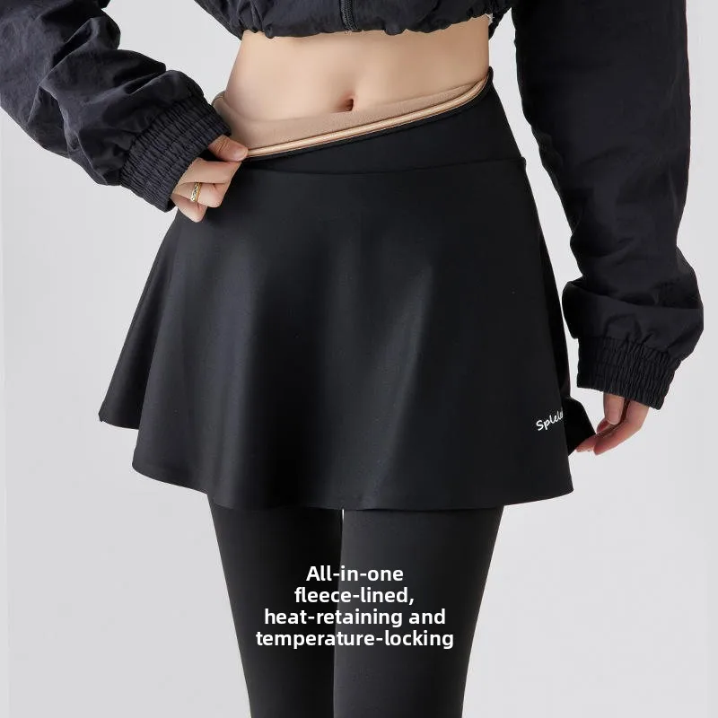 ارتفاع الخصر Fce اصطف اليوغا السراويل النسائية جلد arkskin ملابس خارجية الخريف الشتاء تنورة دافئة السراويل قطعتين الزي الحراري
