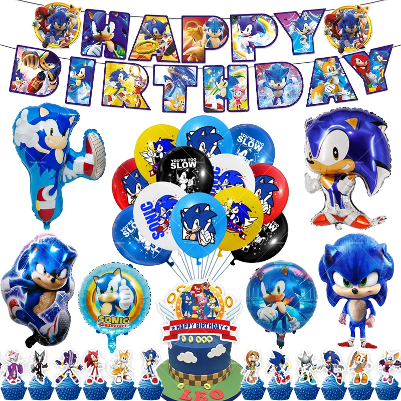 Sonic Balloons Happy Birthday Banner The Hedgehog Party Decoration Game Cake Topper Disposable Tableware Keychain Background Toy