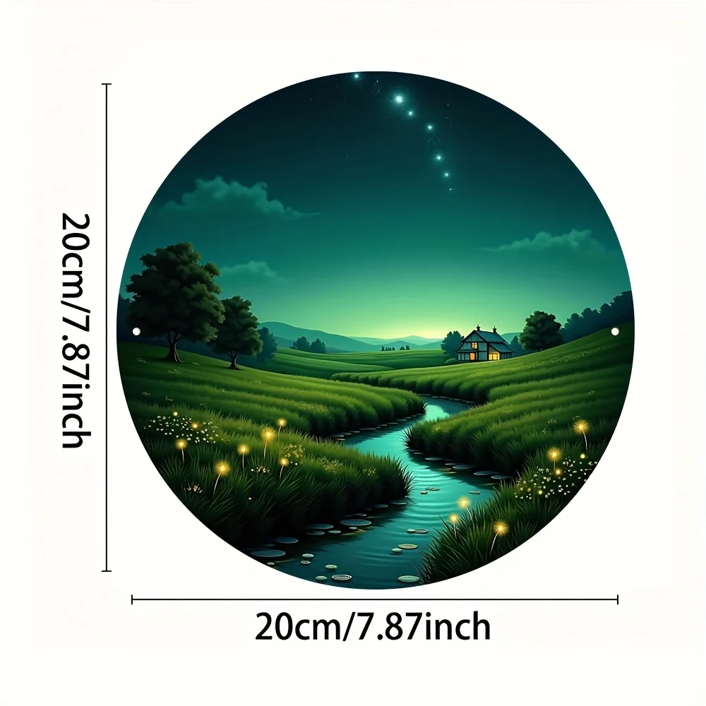 2D Flat, 1pc Rustic Vintage Night Scene Metal Wall Plaque - Circular Aluminum Decor with Fireflies, Starry Sky, Cottage & Stream