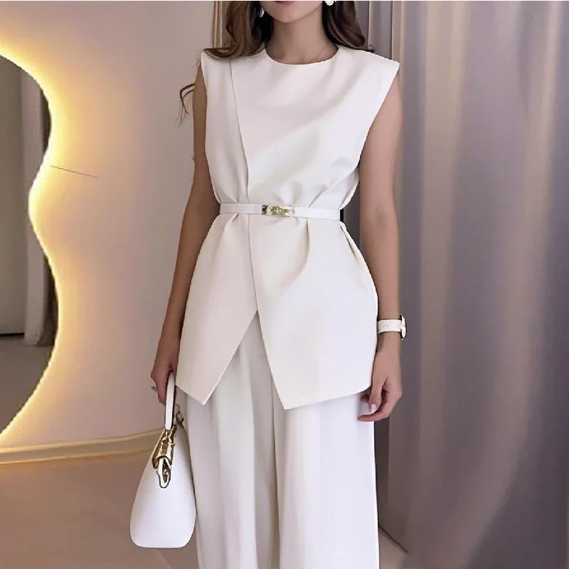 Modigirl Camicie eleganti bianche da donna con cintura 2025 Camicette urbane estive larghe senza maniche con scollo a O nere chic con spacco sul davanti