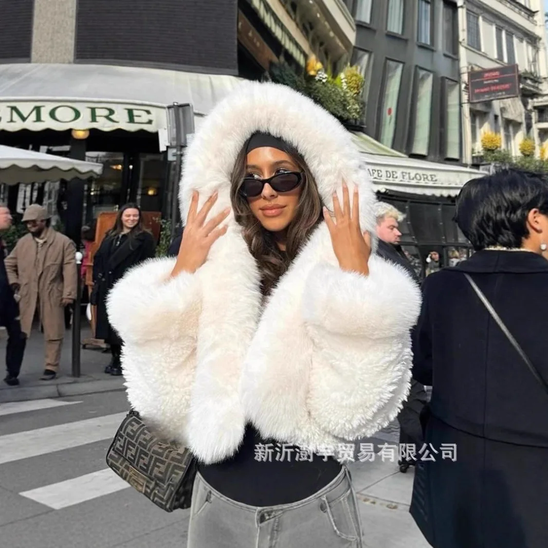 Winter 2025 Pure White Mountain Fashion Hooded Cropped Faux Fur Coat Women Fluffy Eco Fox Fur Jacket Girls Hot Overcoat