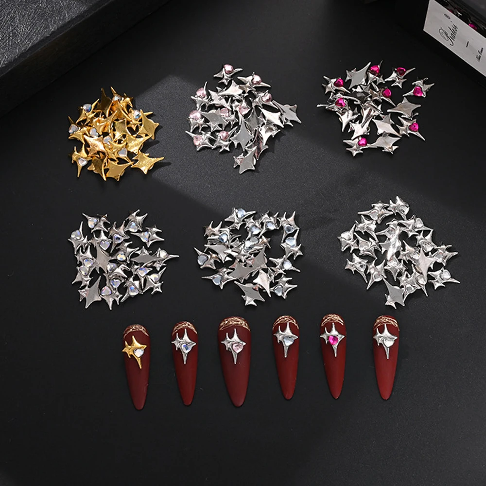 10Pcs Silver Four Pointed Star Nail Charms 3D Metal Shiny Hearts Rhinestones Nail Jewelry Y2K Charms For DIY Nail Decorations