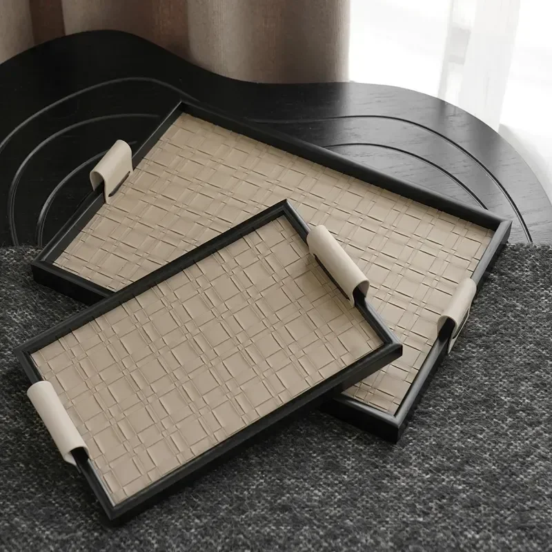 

Trays Woven Advanced Table Room Tray Home Storage Aromatherapy Black Coffee Decoration Living Leather Pattern Beige