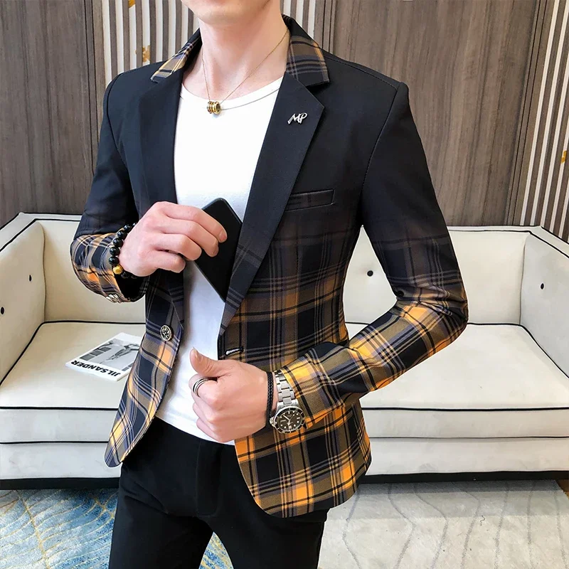 2024 Spring New Men\'s Plaid Blazer Fashion Casual Men\'s Slim Suit Jacket Banquet Wedding Party Club Dress Branded Mens Clothing