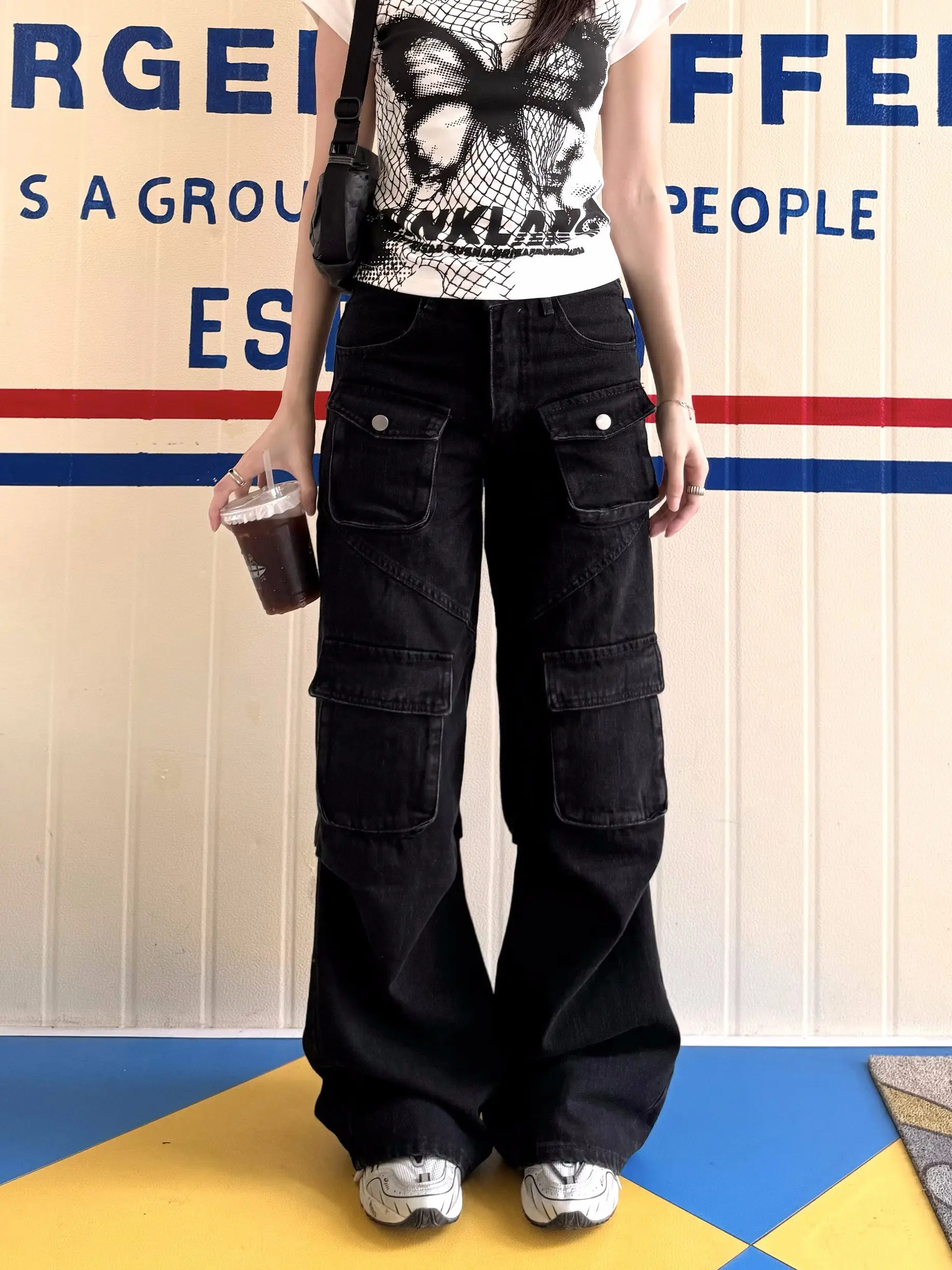 

XFX американские ретро свободные прямые джинсы для спецодежды женские уличные широкие брюки длиной до пола модные