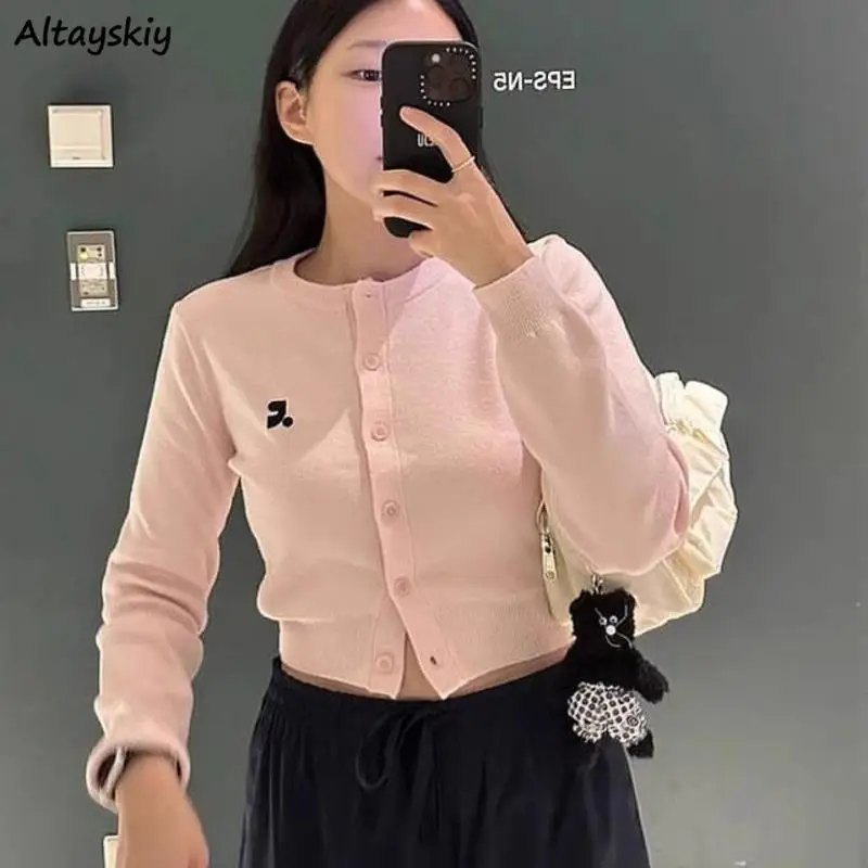 Crop Cardigans Women Button-up Korean Style Outwear Slim Casual Knitwear Embroidery All-match Attractive Ulzzang Youthful Chic