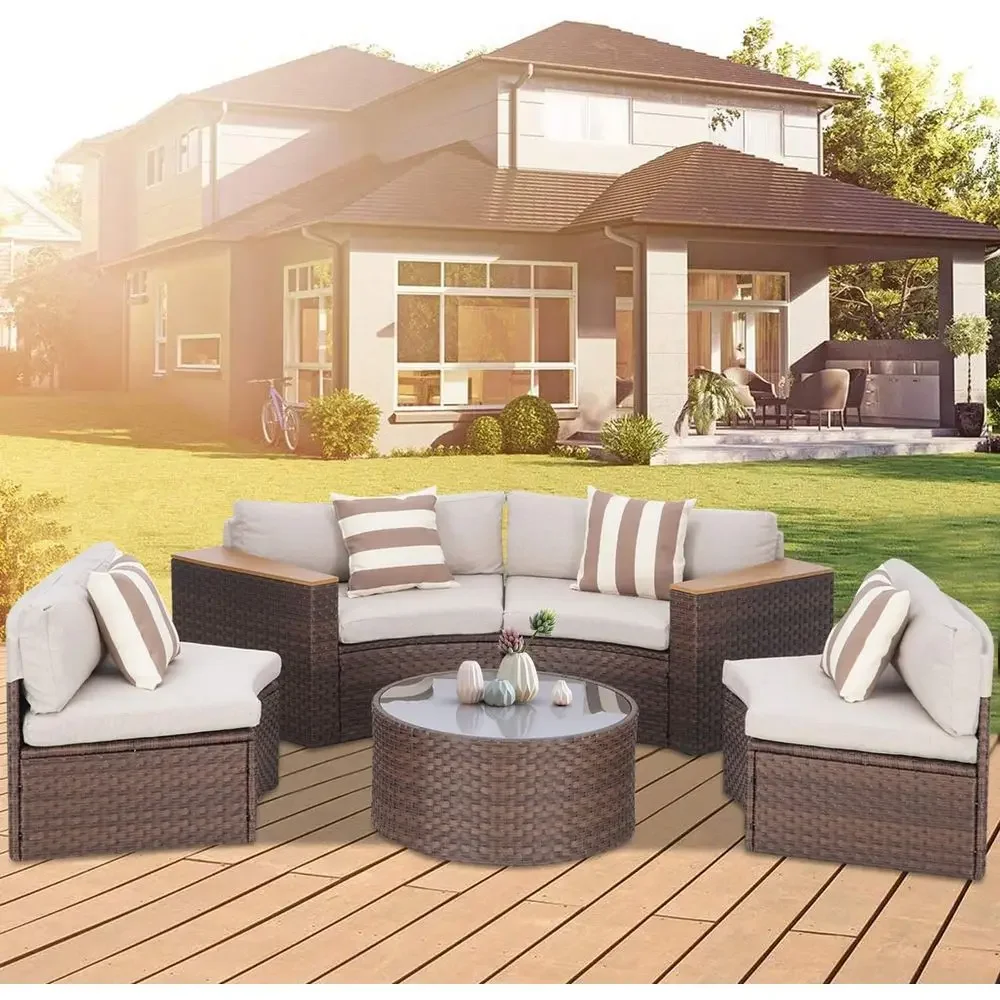

5-Piece Curved Outdoor Sectional Sofa Set with Round Tempered Glass Table and All-Weather Brown Cushions