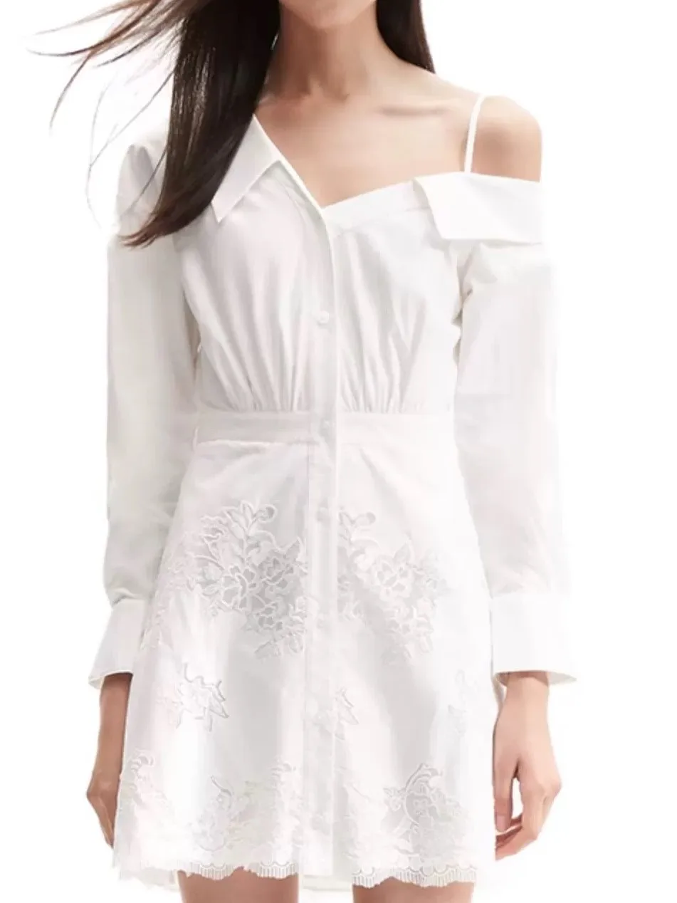 

Women White Shirt Dress Floral Embroidery Off-shoulder Long Sleeve Single Breasted Casual 2024 Summer Mini Robe