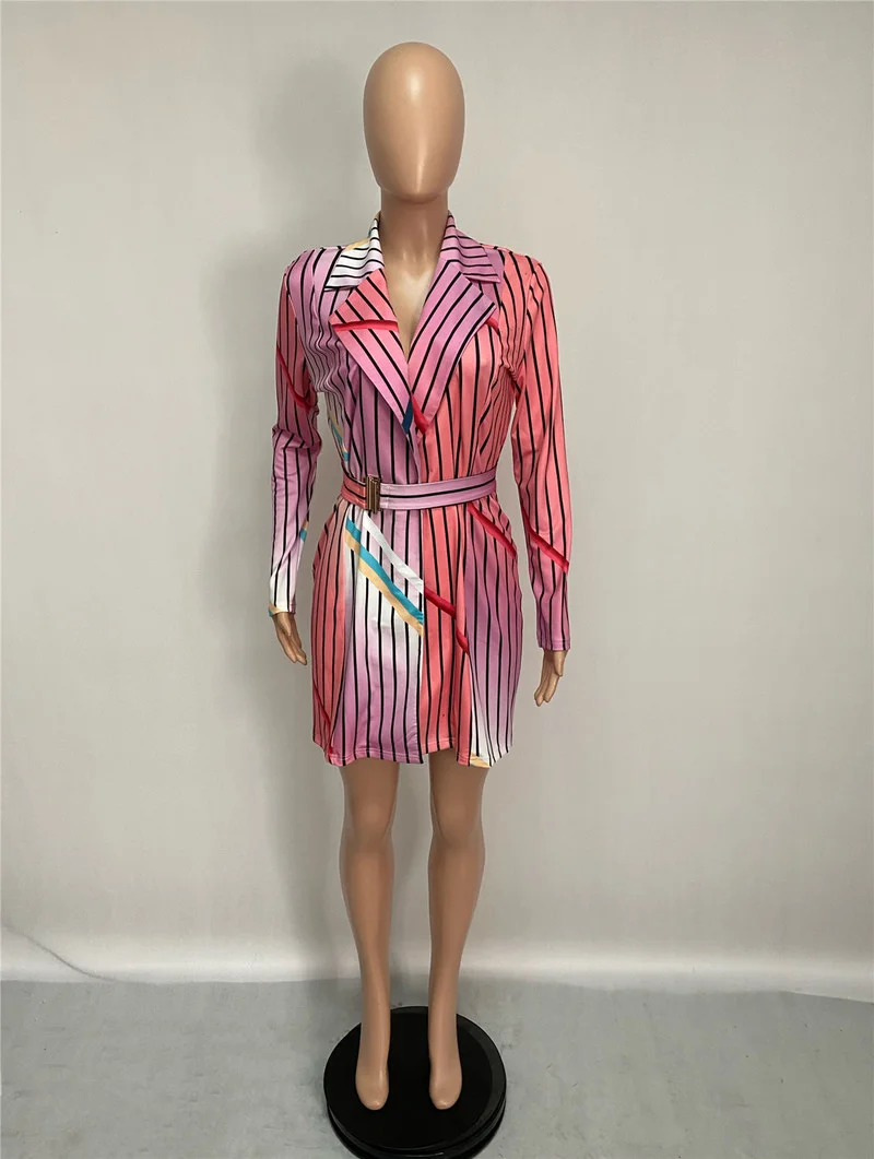 Indie Striped Multicolor Blazer Dress with Free Metal Buckle Belt Women Plus Size Mid-Length Dress Style Casual Office Blazer