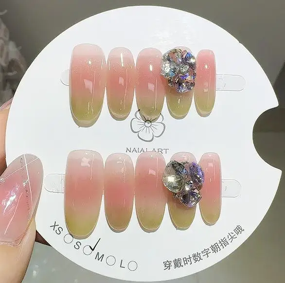 

1010PCS Green Gradient French Handmade Press on Nails Full Cover Glitter Pink Blush Cat Eye with Rhinestones Wearable False Nail