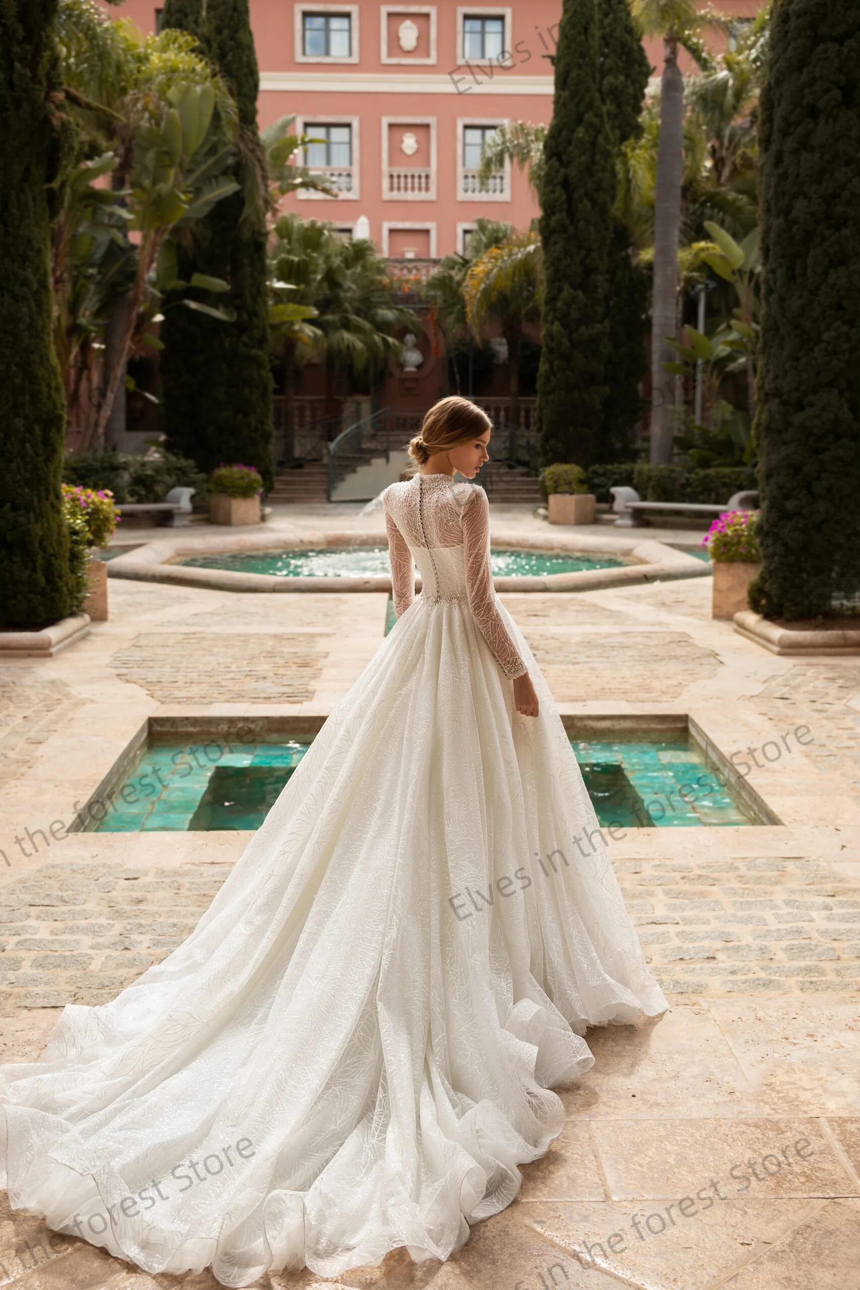 Stunning A Line Women Wedding Dress O Neck Full Tulle Sleeve Bridal Gowns Customized Shiny Beads Long Vestidos De Mariee