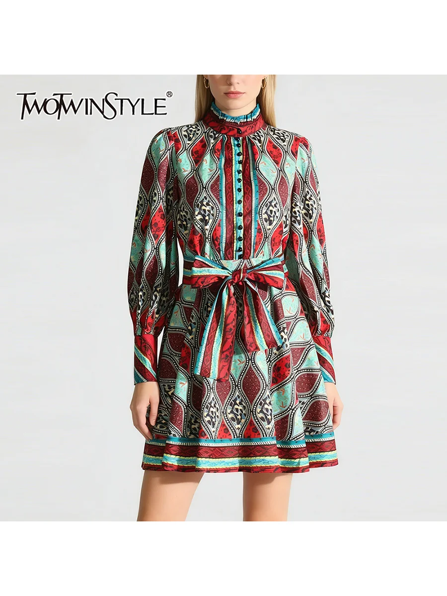 

Винтажное платье TWOTWINSTYLE с принтом и бантом, женское, с высоким воротником, длинными рукавами, в стиле пэчворк, на пуговицах
