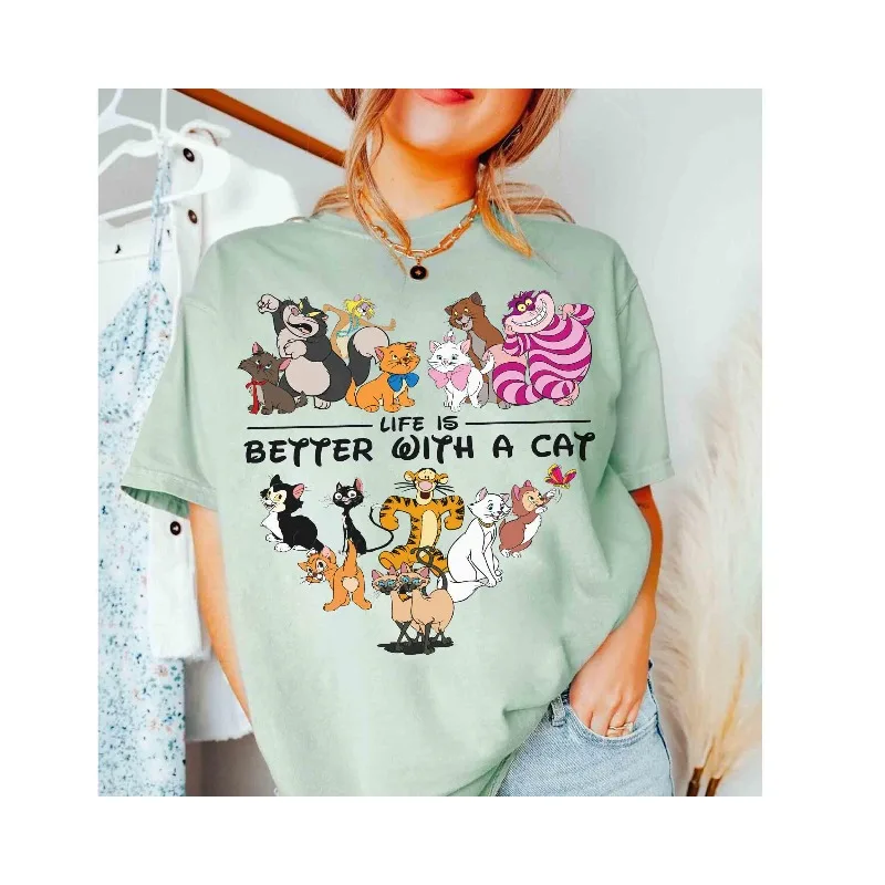 حياة ديزني الكلاسيكية أفضل مع قميص قطة، هدية لمحبي القطط من ديزني لاند، قميص أمي القطط والأب، قميص ديزني للحيوانات الأليفة
