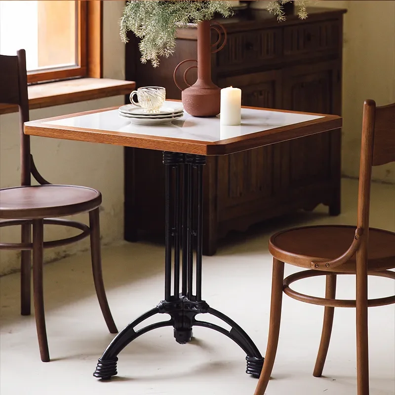 French Medieval Solid Wood Coffee Table with Rock Slab Top American Retro Small Round Dining Table for Restaurant Dessert