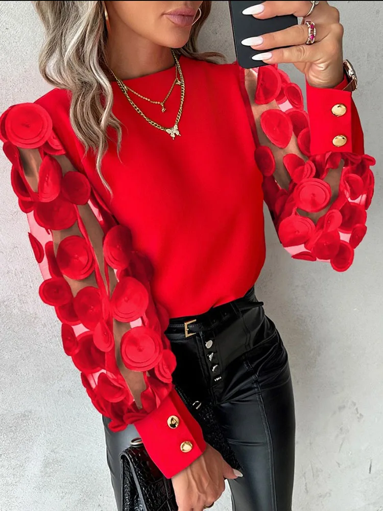 Fashion Women\'s Blouse Autumn Spring New Casual Simple O-Neck Red Lace Floral Sheer Mesh Patchwork Top Shirts For Women Pullover