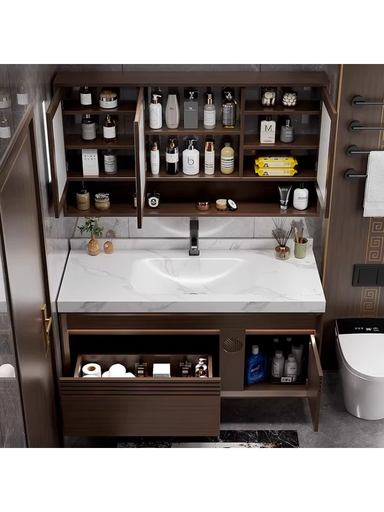 

Medieval style rock slab hot bending integrated basin bathroom cabinet walnut toilet washstand combination