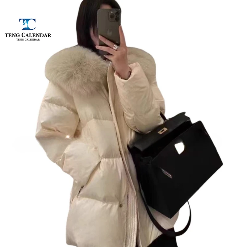 Chaqueta de plumón con cuello de piel de zorro auténtica de gran tamaño, chaqueta de cintura suelta y gruesa de longitud media a larga, nueva colección de invierno para mujer