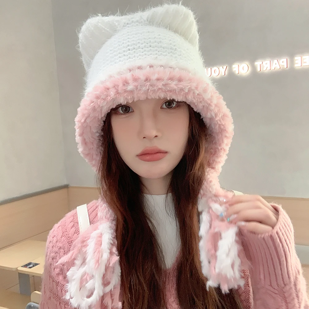 

Female Plush Caps Autumn And Winter Warm Thick Big Head Encircle Lovely Korean Knitted Hats Ear Protection Woolen Hat