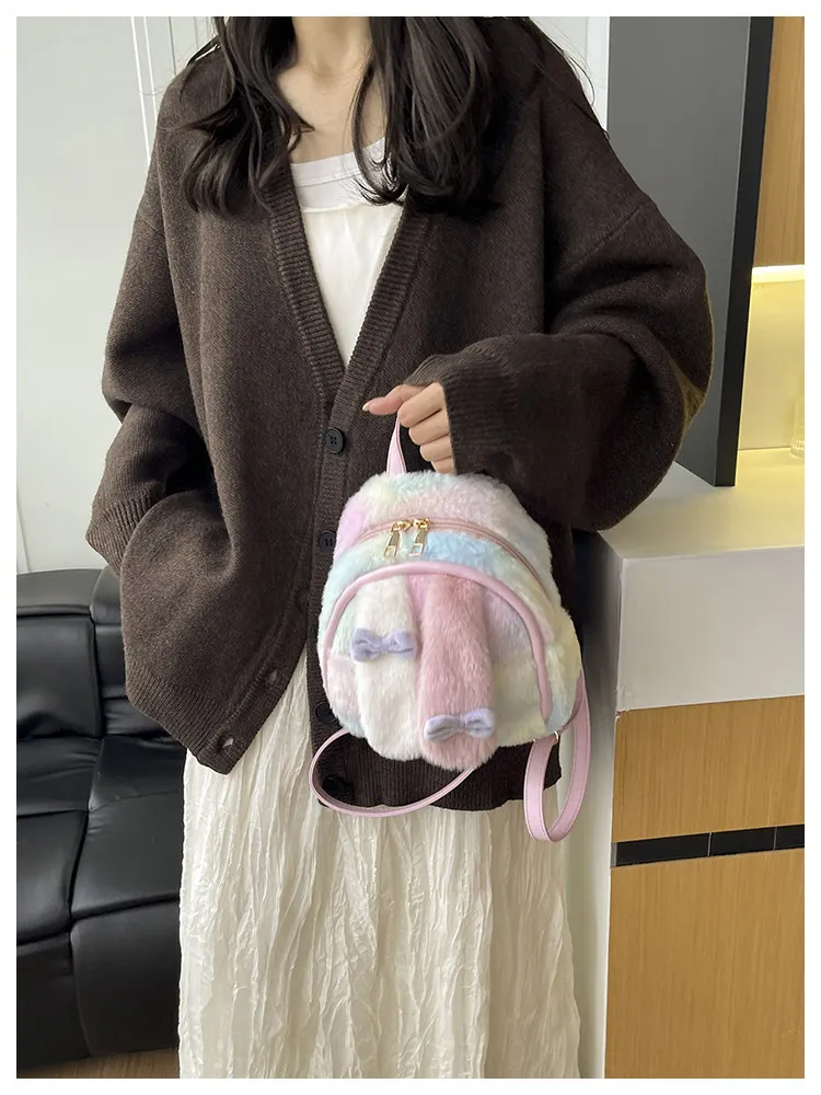Colorful Rabbit Ears Bow Backpack Women's Fashion Cute Handbag Small Square Bag Japanese Style Soft Plush Backpack 2026 New