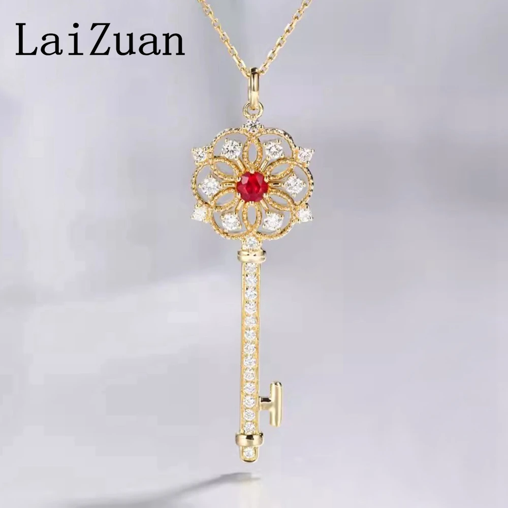 LaiZuan Solid 18k au750 Yellow Gold Key Shape Genuine Ruby Pendant Vintage Jewelry With Real  Diamonds Stylish Brilliant