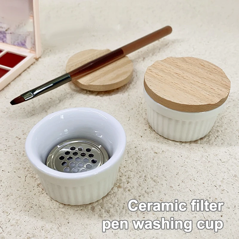 Spazzole per unghie Tazza per lavaggio Ceramica Detergente per spazzole per unghie Piatto Dappen con coperchio in legno Strumento per unghie con tazza per filtro a rete in acciaio inossidabile