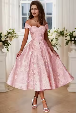 Off Shoulder Tea Length Prom Dress for Women Satin Evening Party Gown A Line Corset Cocktail Dress Customized