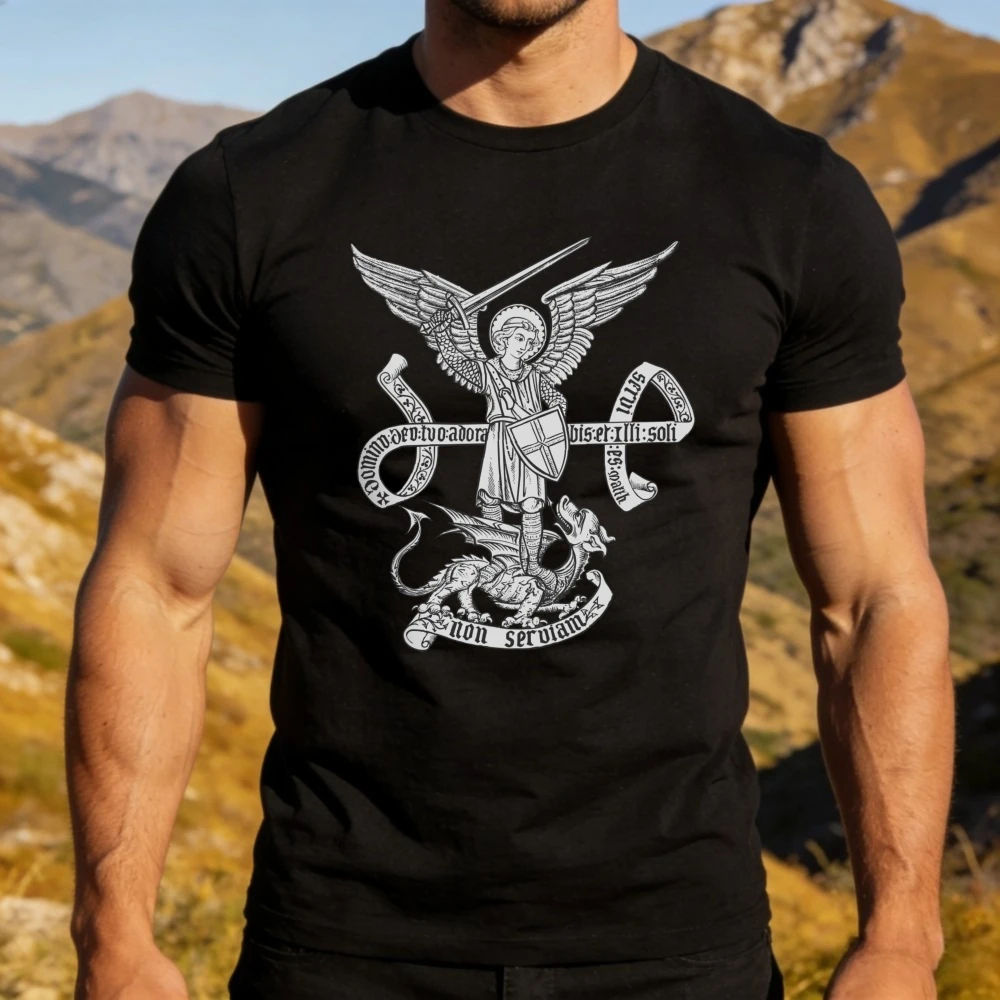 St Michael Archangel Non Serviam Graphic Shirt Medieval Engr