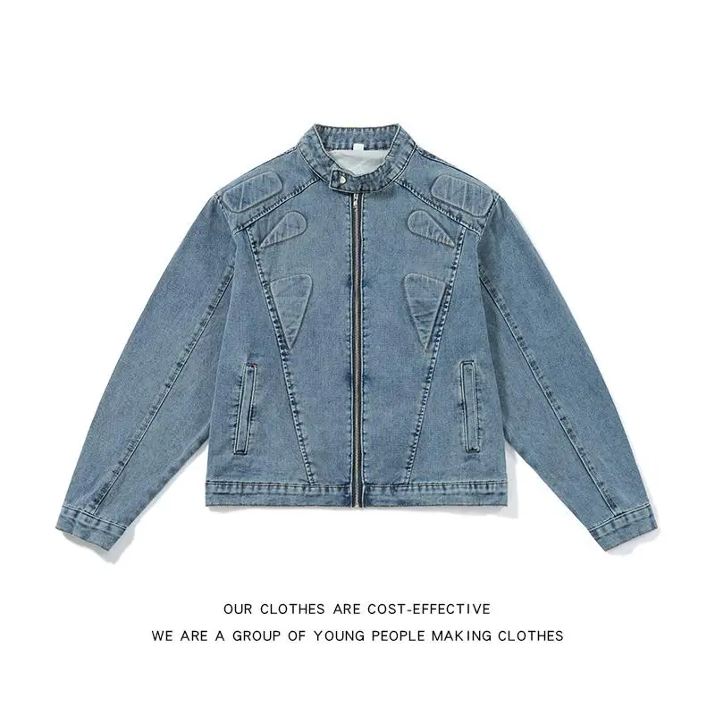 

Мужская джинсовая куртка Waed в винтажном байкерском стиле с подплечниками и воротником-стойкой, молодежный тренд, осенняя, стандартный крой, длинный рукав