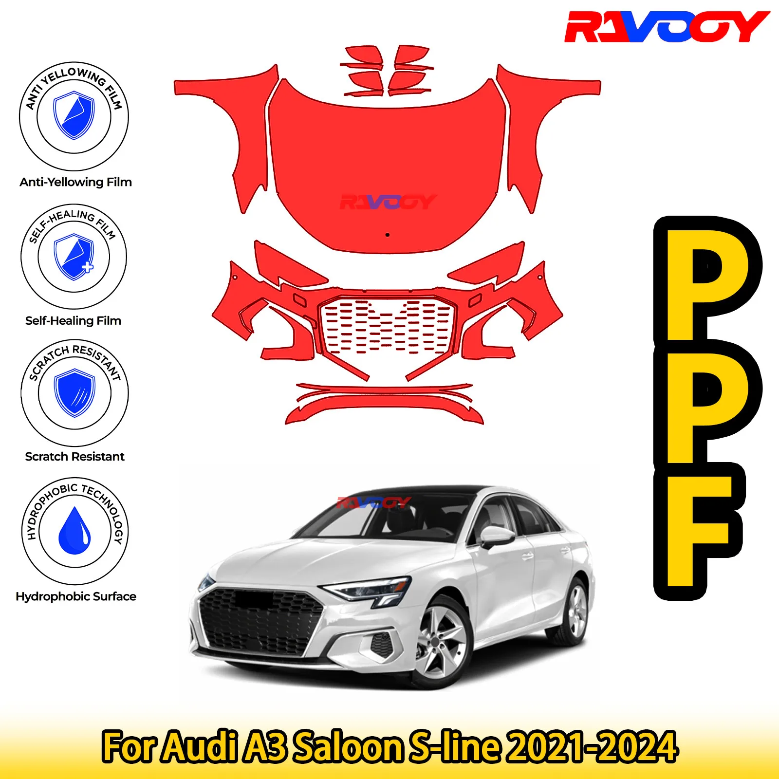 

Для Audi A3 Saloon S-line 2021-2024 глянцевая матовая черная предварительно вырезанная передняя PPF комплект защитной пленки для краски
