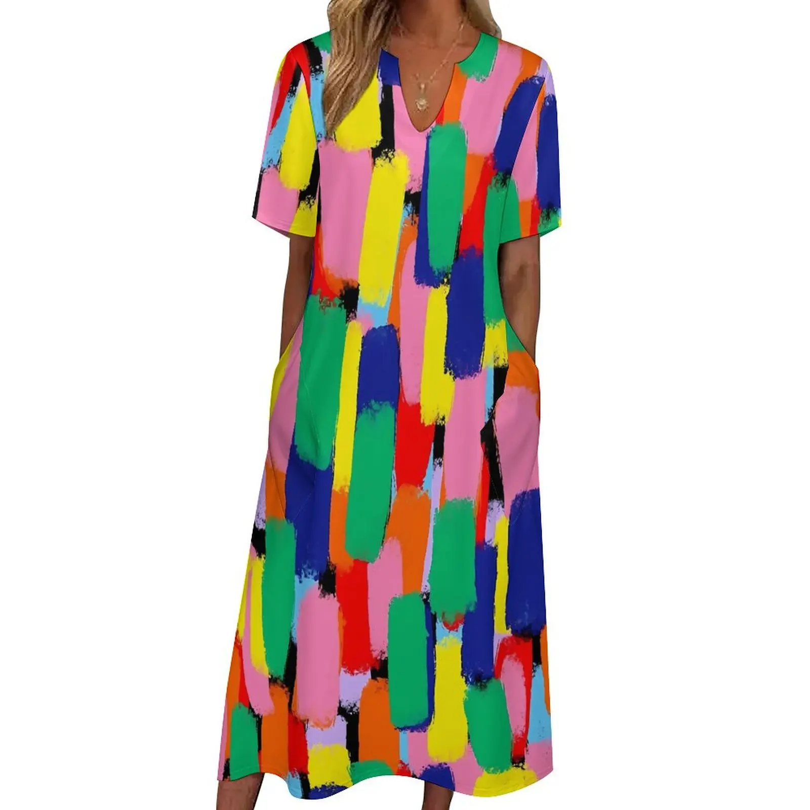 Paint Brush Print Dress Abstract Rainbow Vintage Maxi Dress Aesthetic Casual Long Dresses Female V Neck Graphic Big Size Vestido