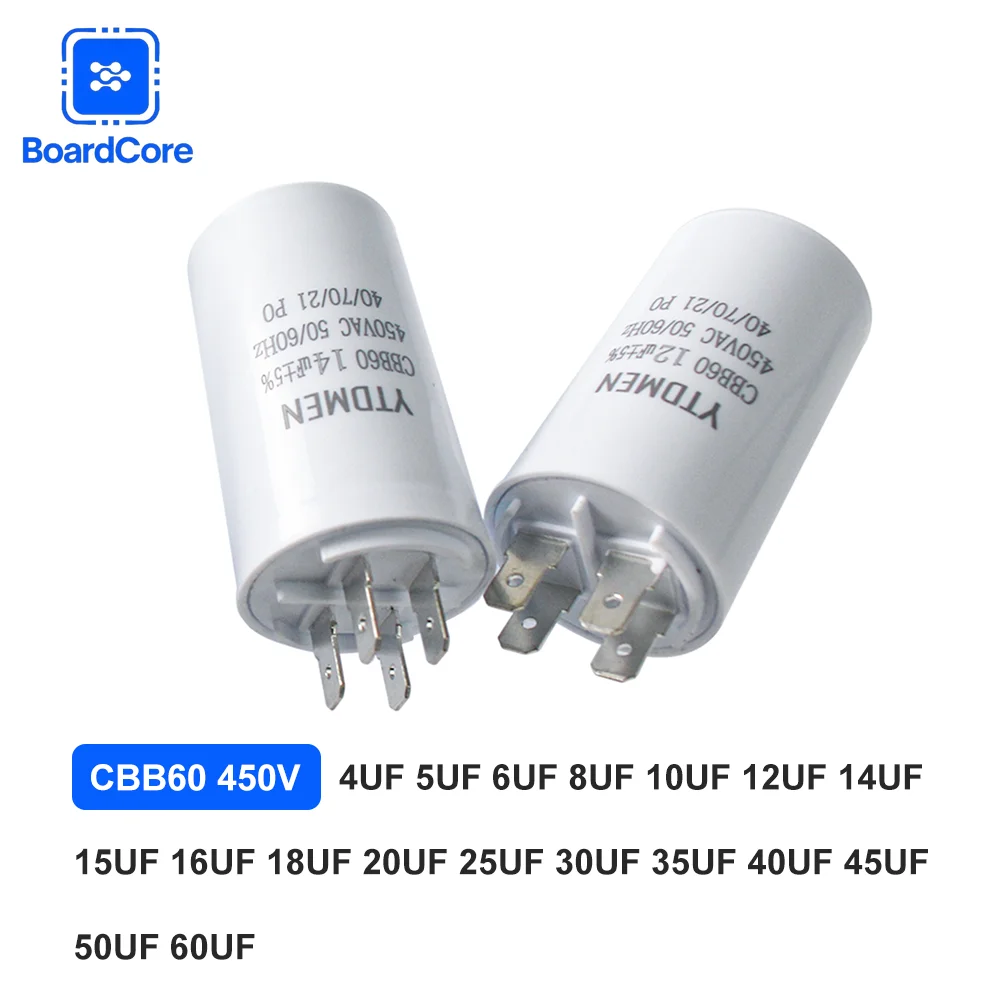 CBB60 450VAC 4 ~ 60μF ± 5% Capacitor de funcionamento de motor de inserção dupla de 4 pinos para ar condicionado/geladeira/bomba, 50/60 Hz
