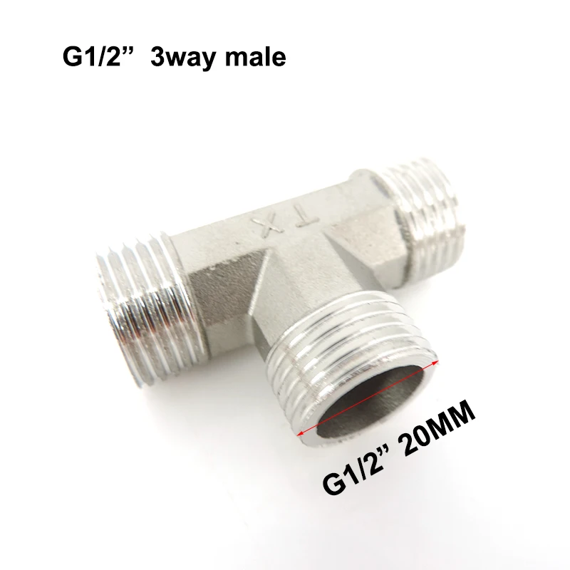 

G1/2" 20mm 3 way male splitter Thread Tee Type Plumbing Fittings Stainless Steel Butt Joint water hose pipe connector Adapter c