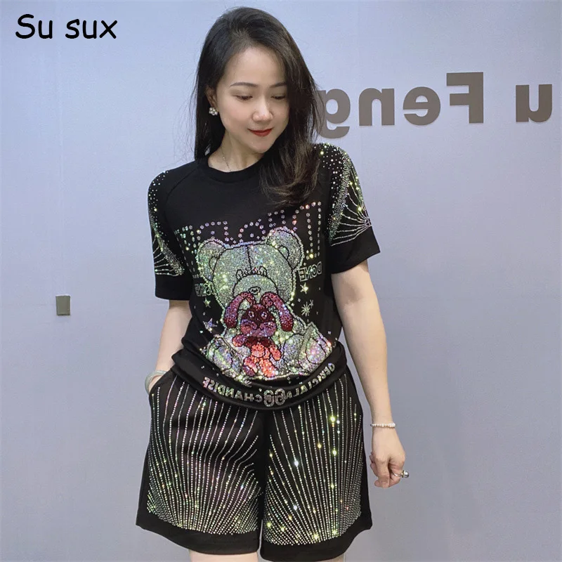 

Sequins Cartoon Bear Short 2 Piece Pant Sets Woman Casual O Neck Short Sleeve T Shirt Matching Sets Vestidos Y2k Clothes Outwear