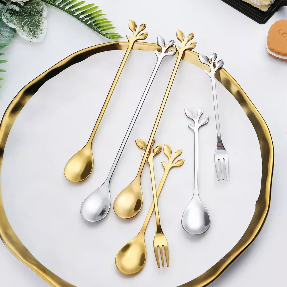 Creative Personality Stainless Steel Gold Spoons Tree Leaf Spoon Coffee Spoon Tea Spoon Home Restaurant Dessert Cucharas