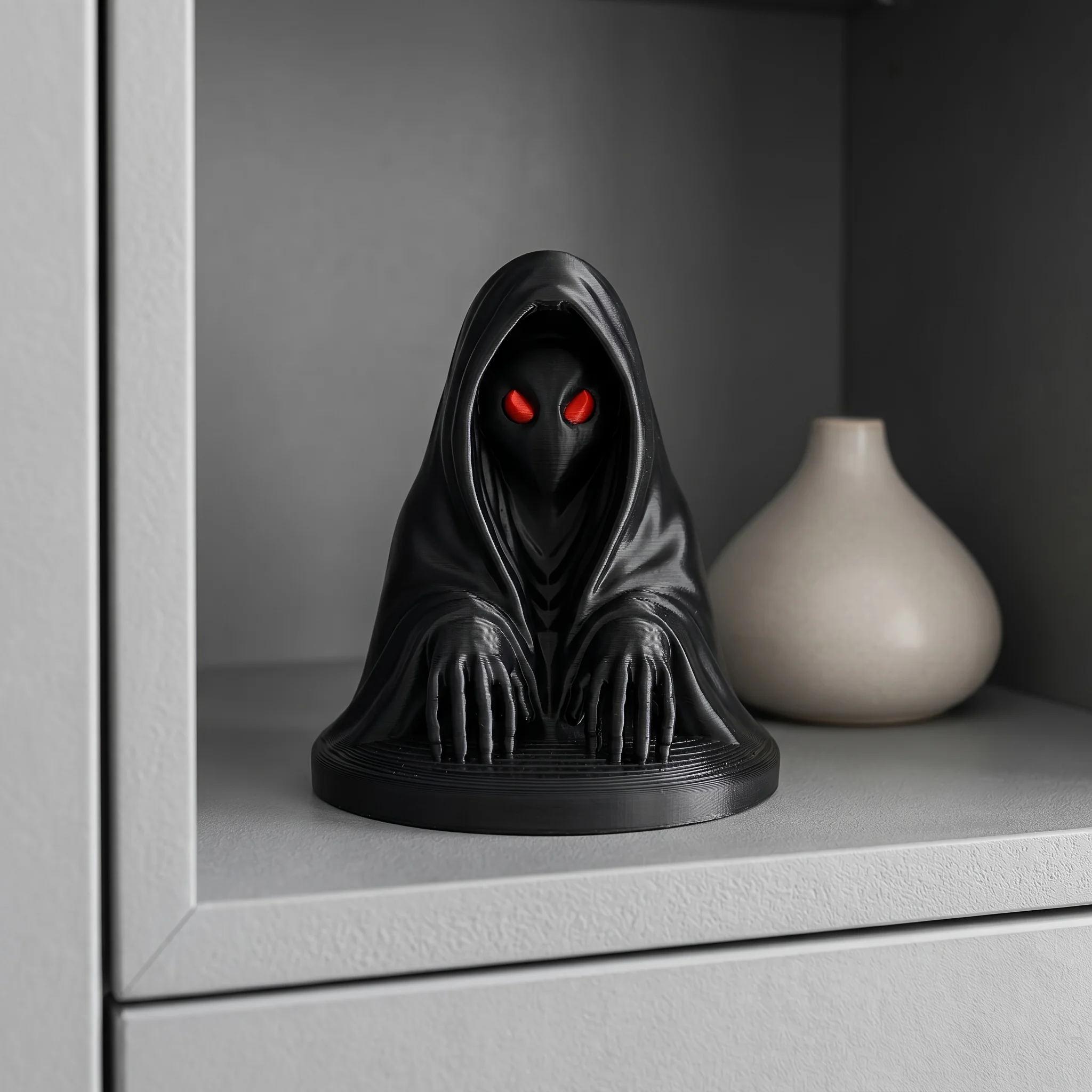 Gothic Hooded Mysterious Reaper Figurine 3D Printed Red Eye Cloaked Entity Statue Dark Desktop Decor for Gaming PC Setup & Shelf