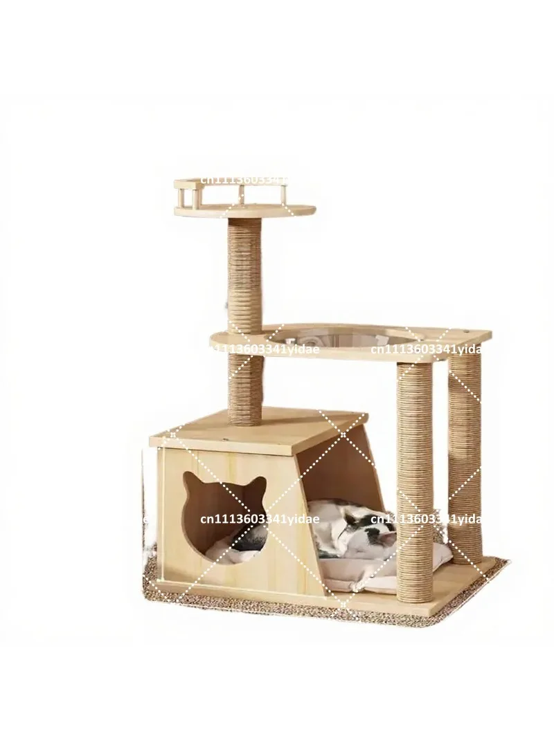 Solid Wood Cat Tree Multi-Level Climbing Tower with Scratching Posts and Cozy Space Capsule